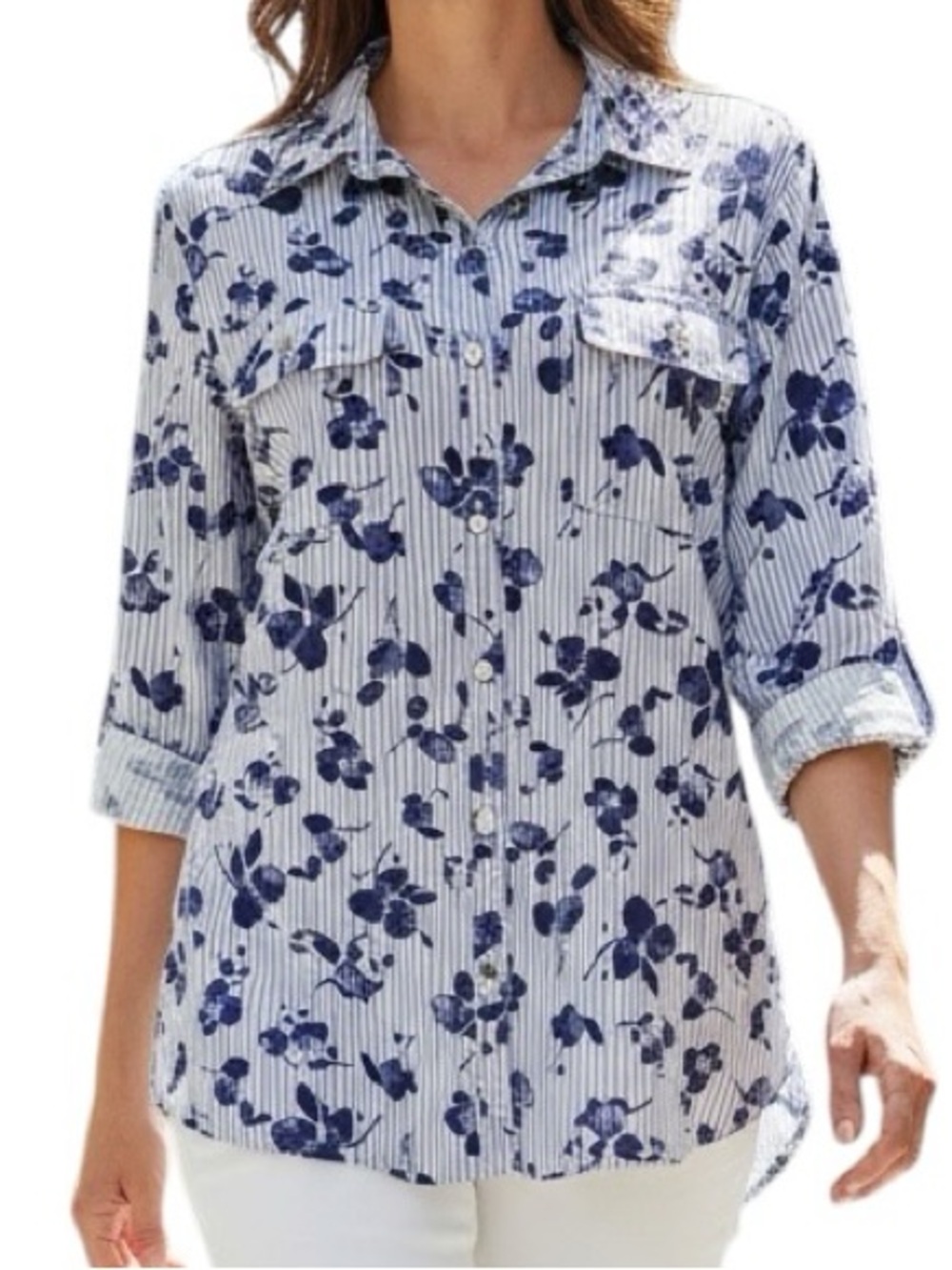 Notations Blue Floral Stripe Button-Down Shirt Size Large